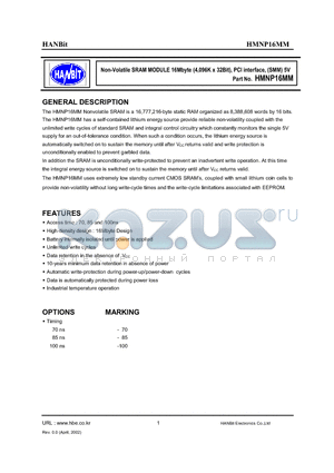 HMNP16MM datasheet - Non-Volatile SRAM MODULE 16Mbyte (4,096K x 32Bit), PCI interface, (SMM) 5V