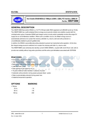 HMNP16MM-100 datasheet - Non-Volatile SRAM MODULE 16Mbyte (4,096K x 32Bit), PCI interface, (SMM) 5V