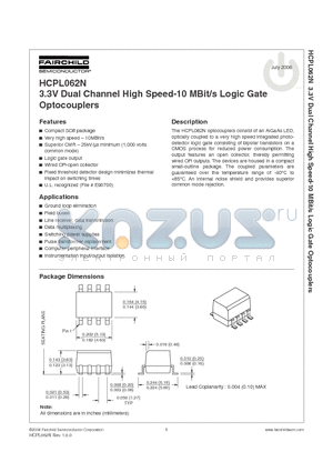 HCPL062NR1 datasheet - 3.3V Dual Channel High Speed-10 MBit/s Logic Gate Optocouplers