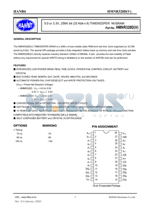 HMNR328D-70I datasheet - 5.0 or 3.3V, 256K bit (32 Kbit x 8) TIMEKEEPER NVSRAM