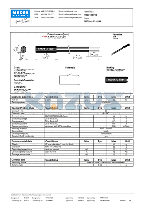 MK20-1-C-100W datasheet - MK Reed Sensor