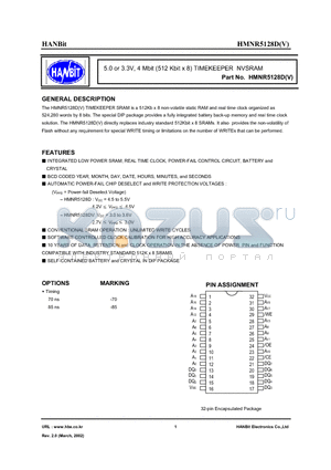 HMNR5128D-85 datasheet - 5.0 or 3.3V, 4 Mbit (512 Kbit x 8) TIMEKEEPER NVSRAM