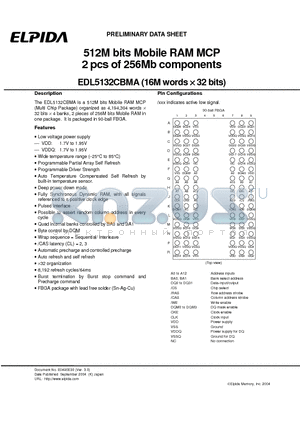 EDL5132CBMA-10-E datasheet - 512M bits Mobile RAM MCP 2 pcs of 256Mb components (16M words x 32 bits)