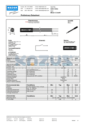 MK20-1-E-500W datasheet - MK Reed Sensor