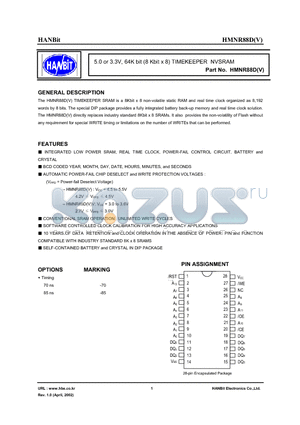 HMNR88D-70 datasheet - 5.0 or 3.3V, 64K bit (8 Kbit x 8) TIMEKEEPER NVSRAM