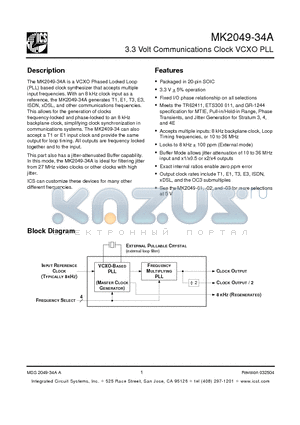 MK2049-34A datasheet - 3.3 Volt Communications Clock VCXO PLL