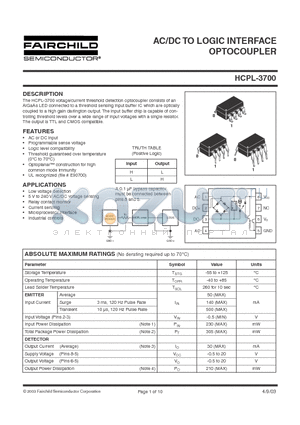HCPL3700 datasheet - AC/DC TO LOGIC INTERFACE OPTOCOUPLER