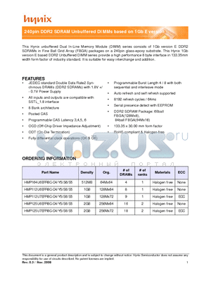 HMP125U6EFR8C-Y5 datasheet - 1240pin DDR2 SDRAM Unbuffered DIMMs