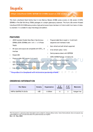 HMP351S6AFR8C-S5 datasheet - 200pin Unbuffered DDR2 SDRAM SO-DIMMs based on 2Gb version A