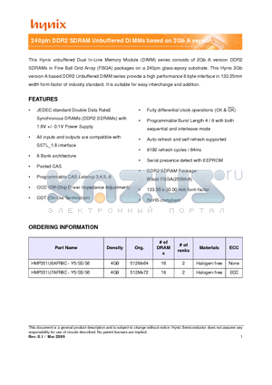 HMP351U7AFR8C-S5 datasheet - 240pin DDR2 SDRAM Unbuffered DIMMs based on 2Gb A version