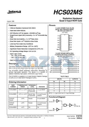 HCS02KMSR datasheet - Radiation Hardened Quad 2-Input NOR Gate