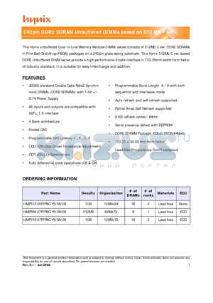 HMP512U7FFP8C-S6 datasheet - 240pin DDR2 SDRAM Unbuffered DIMMs based on 512 Mb F ver.