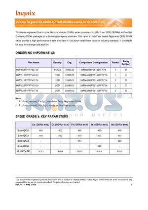 HMP564P7FFP8C-Y5 datasheet - 240pin Registered DDR2 SDRAM DIMMs based on 512 Mb F ver.