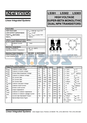 LS301-3 datasheet - HIGH VOLTAGE SUPER-BETA MONOLITHIC DUAL NPN TRANSISTORS