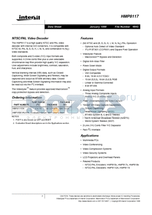 HMP8117 datasheet - NTSC/PAL Video Decoder