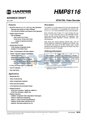 HMP8116 datasheet - NTSC/PAL Video Decoder