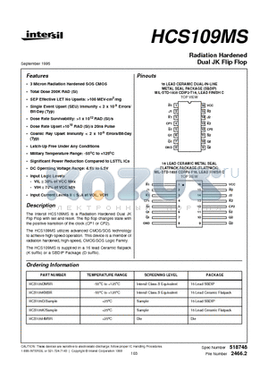 HCS109KMSR datasheet - Radiation Hardened Dual JK Flip Flop