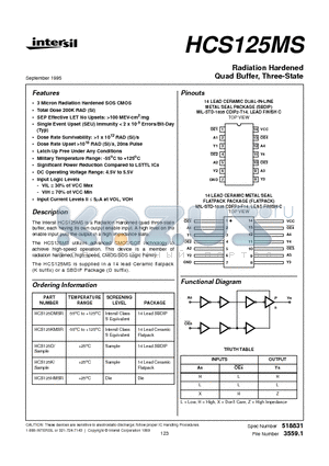 HCS125 datasheet - Radiation Hardened Quad Buffer, Three-State