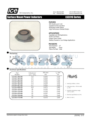 LS3316-1R0-RM datasheet - Surface Mount Power Inductors