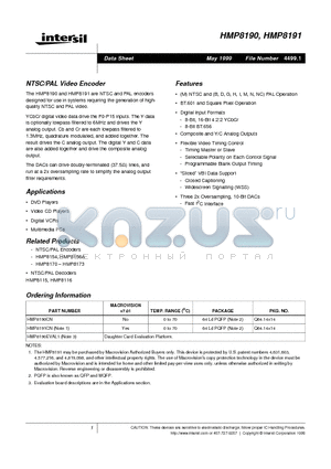 HMP8190 datasheet - NTSC/PAL Video Encoder