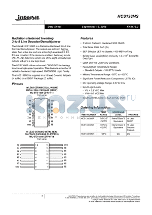 HCS138DMSR datasheet - Radiation Hardened Inverting 3-to-8 Line Decoder/Demultiplexer