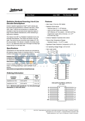 HCS138DTR datasheet - Radiation Hardened Inverting 3-to-8 Line Decoder/Demultiplexer