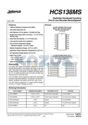 HCS138K datasheet - Radiation Hardened Inverting 3-to-8 Line Decoder/Demultiplexer