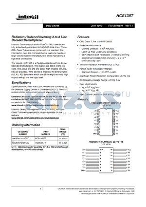 HCS138KTR datasheet - Radiation Hardened Inverting 3-to-8 Line Decoder/Demultiplexer