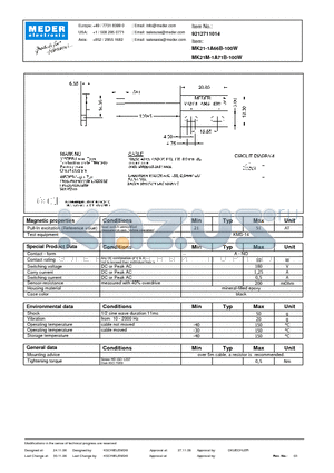 MK21M-1A71B-100W datasheet - MK Reed Sensor