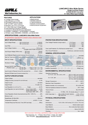 LANCUW12 datasheet - Single and Dual Output 12 Watt DC/DC Converter 4:1 Ultra Wide Input Voltage