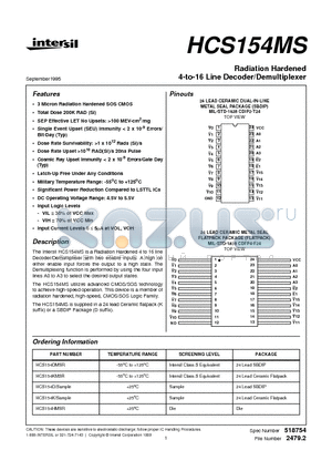 HCS154HMSR datasheet - Radiation Hardened 4-to-16 Line Decoder/Demultiplexer