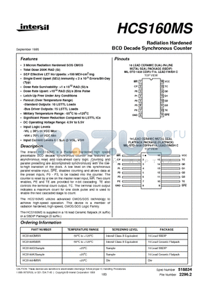 HCS160D datasheet - Radiation Hardened BCD Decade Synchronous Counter