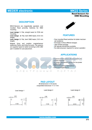 MK22-A-1 datasheet - Reed Sensors for SMD Mounting