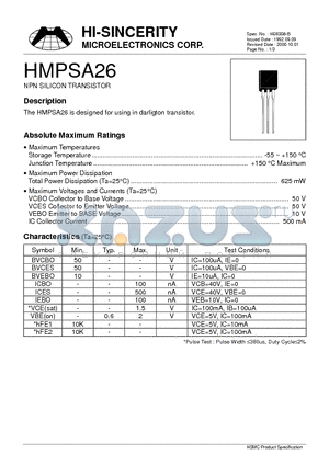 HMPSA26 datasheet - NPN SILICON TRANSISTOR