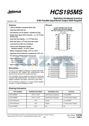 HCS195K/SAMPLE datasheet - Radiation Hardened Inverting 8-Bit Parallel-Input/Serial Output Shift Register