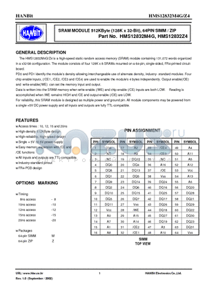 HMS12832M4G-20 datasheet - SRAM MODULE 512KByte (128K x 32-Bit), 64PIN SIMM / ZIP