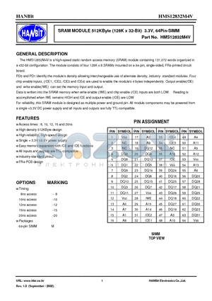 HMS12832M4V datasheet - SRAM MODULE 512KByte (128K x 32-Bit) 3.3V, 64Pin-SIMM