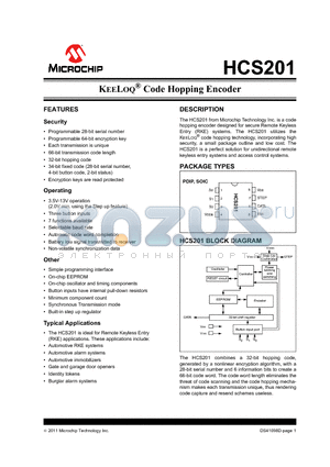 HCS201 datasheet - KEELOQ^ Code Hopping Encoder 34-bit fixed code (28-bit serial number
