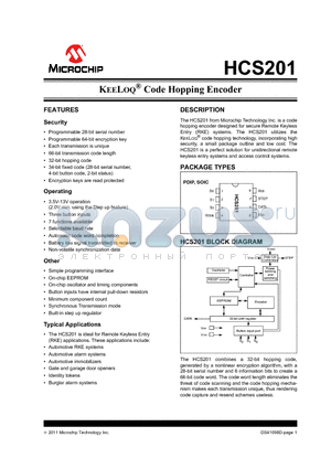 HCS201_11 datasheet - KEELOQ^ Code Hopping Encoder 34-bit fixed code (28-bit serial number