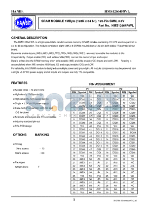 HMS12864F8VL-70 datasheet - SRAM MODULE 1MByte (128K x 64 bit), 120-Pin SMM, 3.3V