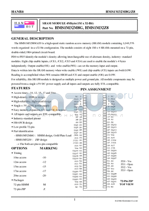 HMS1M32M8G-10 datasheet - SRAM MODULE 4Mbyte(1M x 32-Bit)