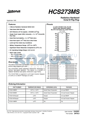 HCS273D datasheet - Radiation Hardened Octal D Flip-Flop