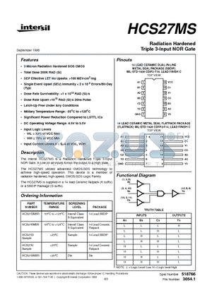 HCS27D datasheet - Radiation Hardened Triple 3-Input NOR Gate