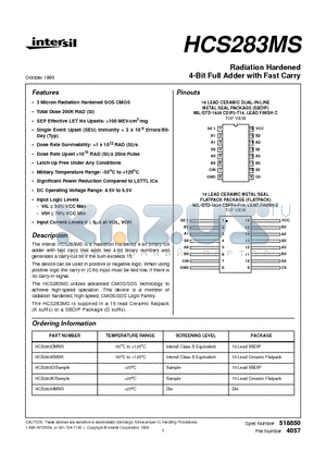 HCS283D datasheet - Radiation Hardened 4-Bit Full Adder with Fast Carry