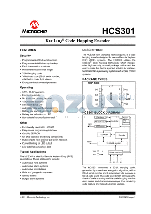 HCS301 datasheet - Microchip Technology Inc. is a code hopping encoder designed for secure