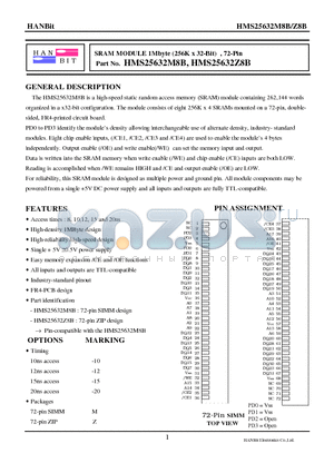 HMS25632M8B-10 datasheet - SRAM MODULE 1Mbyte (256K x 32-Bit) , 72-Pin