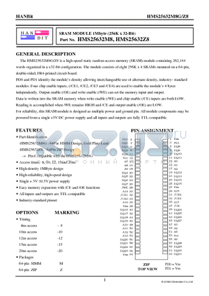 HMS25632M8G datasheet - SRAM MODULE 1Mbyte (256K x 32-Bit)