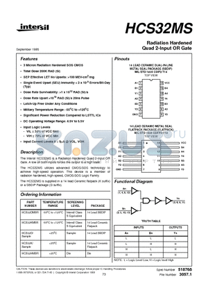 HCS32MS datasheet - Radiation Hardened Quad 2-Input OR Gate