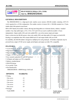 HMS2M32M16G-17 datasheet - SRAM MODULE 8Mbyte (2M x 32-Bit)