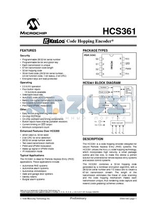 HCS361-SN datasheet - KEELOQ CODE HOPPING ENCODER